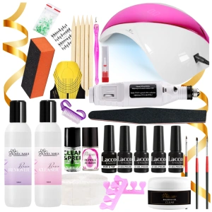 ZESTAW DO MANICURE HYBRYDOWEGO LAMPA UV LED 36W + FREZARKA + 4 LAKIERY + GRATISY