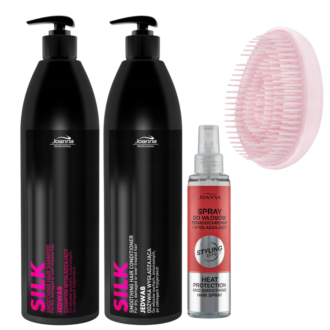 JOANNA Zestaw SILK: Szampon + Odżywka + Termoochrona + Szczotka